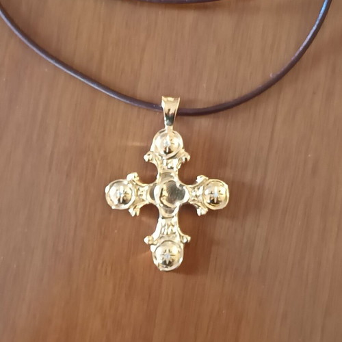 Hermina Athens large 925 gold-plated cross pendant with brown leather