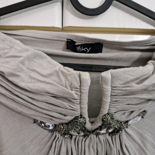 Sky dress short strapless used, grey with stones on bust
