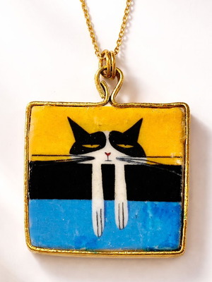 Κολιέ Βαριεστημένος γάτος καινούργιο, χειροποίητο από πορσελάνη και μέταλλο