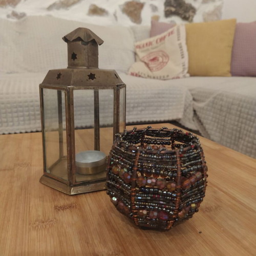 Candle Holder for Tealight with Metal Frame and Purple Beads like new