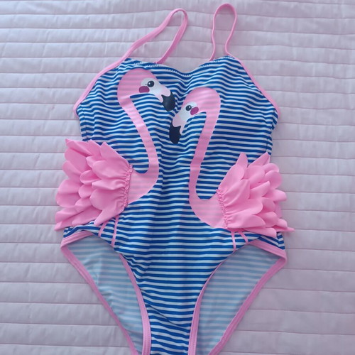 Power flower flamingo one-piece swimsuit used, size 8-10 years
