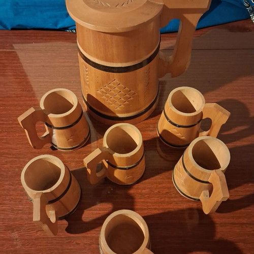 Vintage Soviet wooden beer set with jug and 5 mugs Latvian SSR 1970s