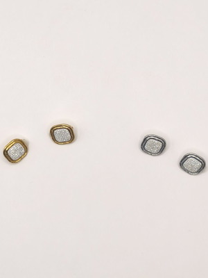 Set of 2 women's square clip-on earrings with rhinestones, gold and silver