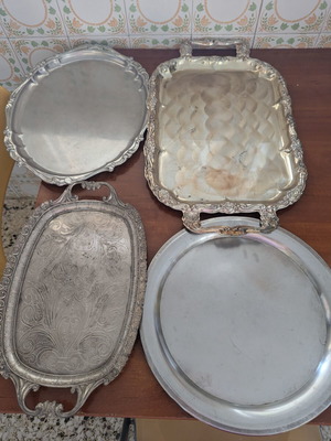 Set of silver-plated and stainless steel trays