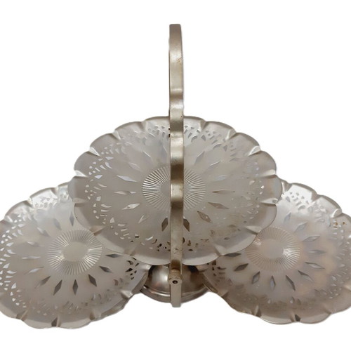Vintage triple cake stand chrome plated with engraved plates foldable