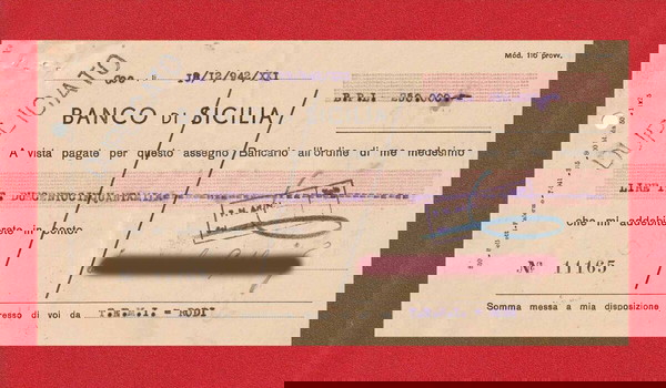 Επιταγή Ιταλικής Περιόδου (Banco di Cicilia) σχετική με την Καπνοβιομηχανία ΤΕΜΙ, 1942 / Egeo / Coo.