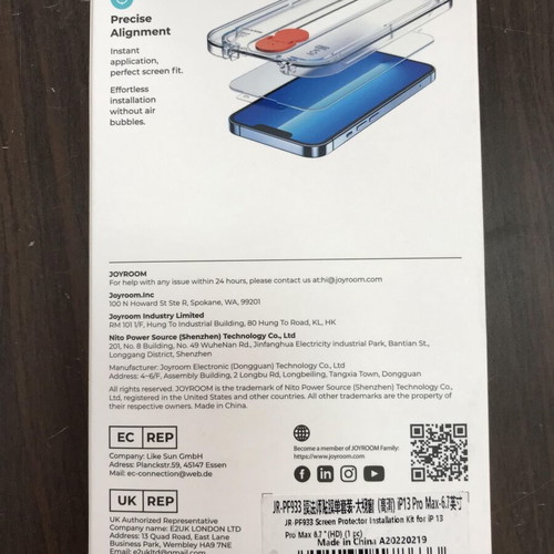 Joyroom Tempered Glass 9H with installation kit for iPhone 13 Pro Max new