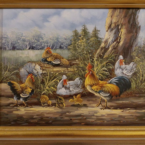 Vintage πίνακας ζωγραφικής υπογεγραμμένος, σαν καινούργιος, σκηνή με κόκορα και κότες