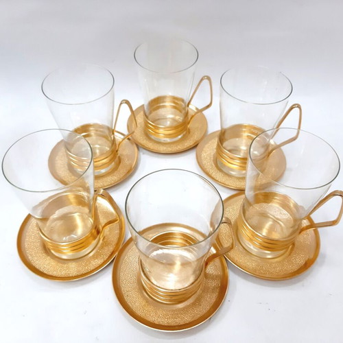 Vintage set of 6 glasses with copper bronze holders and saucers USSR 1960s like new