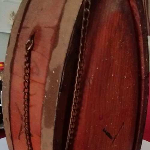 Antique flask used, wooden with metal bindings