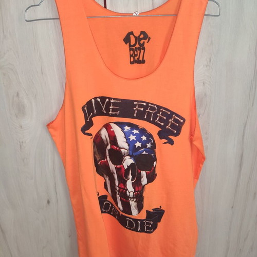 De Bezz unisex sleeveless shirt new, bright orange with "Live free or Die" print