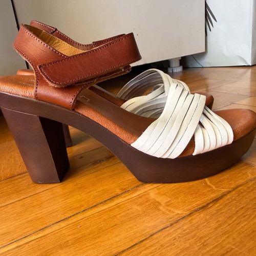 Marila leather women's sandals size 38, white and brown
