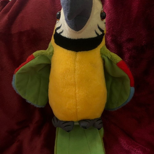 Plush parrot like new that talks and moves its wings