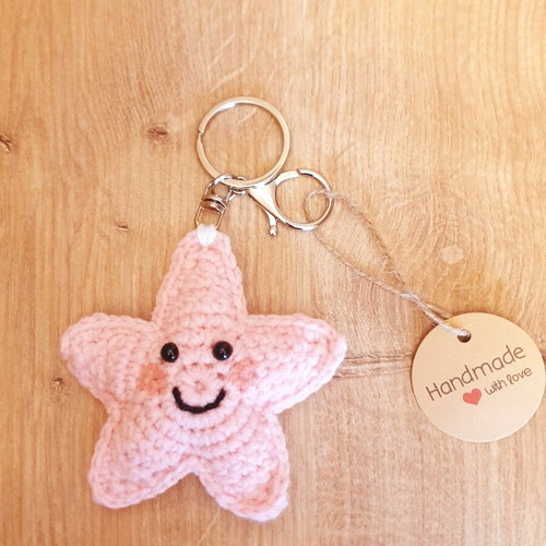 Amigurumi Star Keychain Pink Silver Made to Order