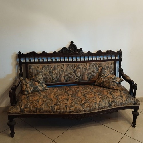 Antique living room set used, carved dark wood sofa and 2 armchairs