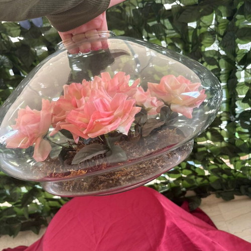 Decorative glass vase terrarium with pink flowers like new