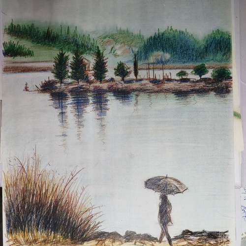 Lake Walk drawing with watercolor pencils new