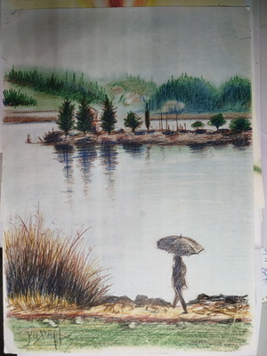 Lake Walk drawing with watercolor pencils new