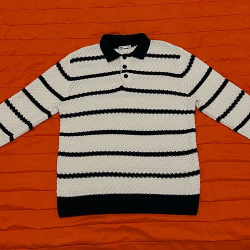 Zara striped knit polo sweater, size L, white and blue