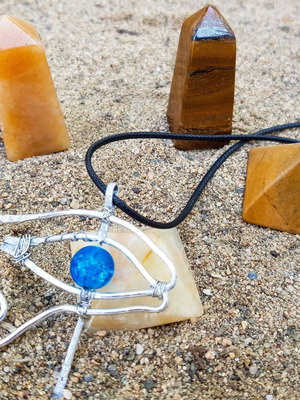 Necklace with the Eye of Horus like new, handmade, gray and blue