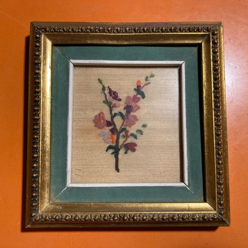 Framed handmade floral embroidery used with gold frame