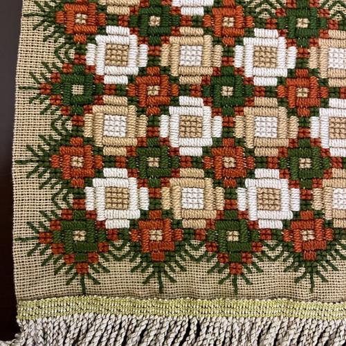 Vintage handmade table runner 68x28cm with dense geometric embroidery used