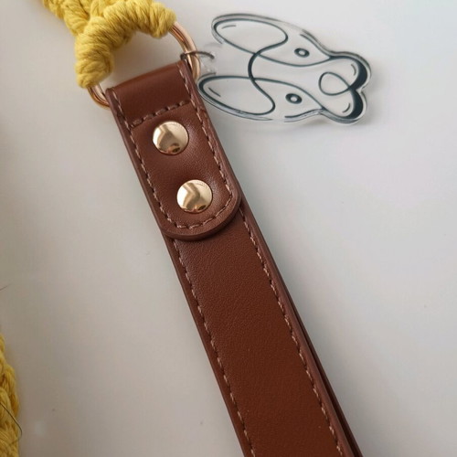 Handmade knitted dog leash yellow new with brown and rose gold details