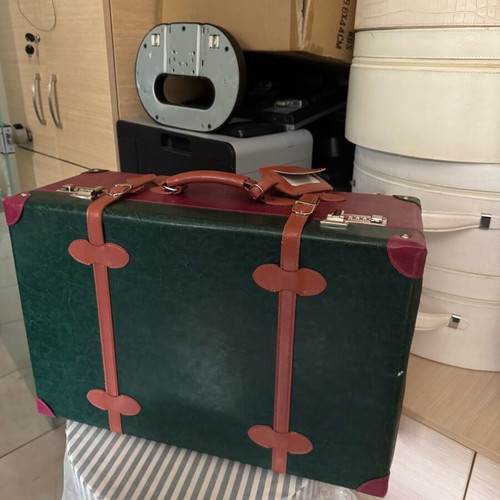 Vintage travel suitcase new, burgundy-green leatherette with lock