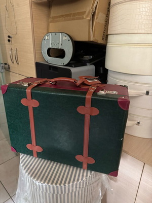 Vintage travel suitcase new, burgundy-green leatherette with lock
