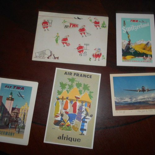 Airplane used chromolithograph cards 4 TWA and 1 Air France