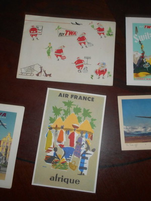 Airplane used chromolithograph cards 4 TWA and 1 Air France