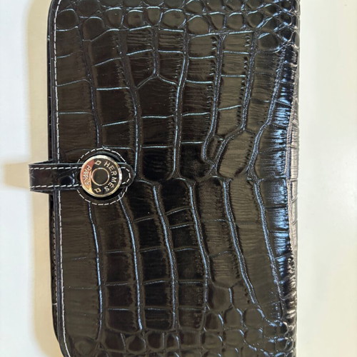 Large black leather Dogon-style wallet with strap and croco texture