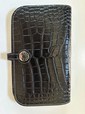 Large black leather Dogon-style wallet with strap and croco texture