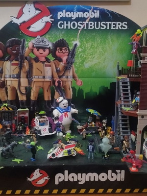 Playmobil Ghostbusters collection with promotional stand