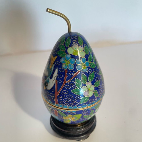 Small Cloisonné Egg-Shaped Pear Container with Bird and Flowers like new, wooden base