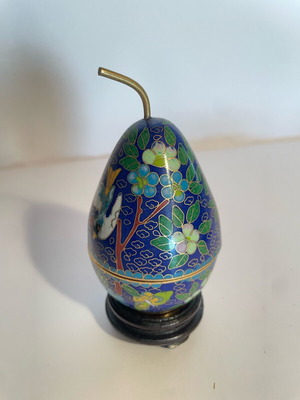 Small Cloisonné Egg-Shaped Pear Container with Bird and Flowers like new, wooden base