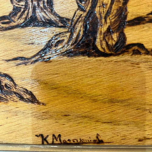 Vintage pyrography wall art used, olive grove with artist signature 40x47