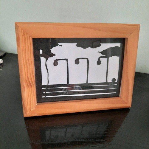 Landscape cut from cardboard with handmade wooden frame new