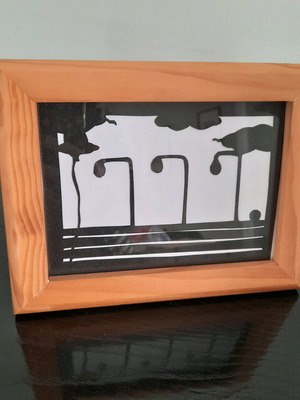Landscape cut from cardboard with handmade wooden frame new
