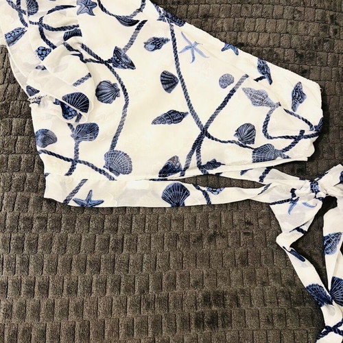 One-shoulder blouse with waist tie Medium like new, white and blue