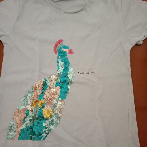 Zara Girls T-shirt with Peacock Sequins used, turquoise