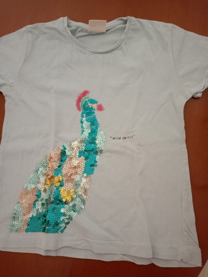 Zara Girls T-shirt with Peacock Sequins used, turquoise