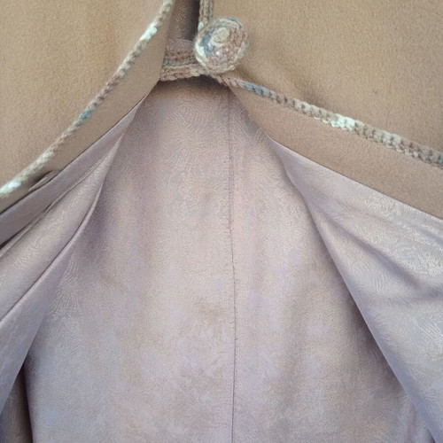 Cape with hood and handmade knitted trim like new, beige