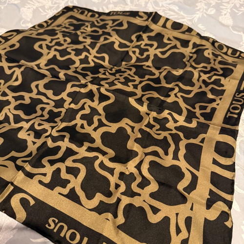 Tous scarf 100% silk like new, black with khaki 50x50cm