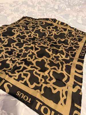 Tous scarf 100% silk like new, black with khaki 50x50cm