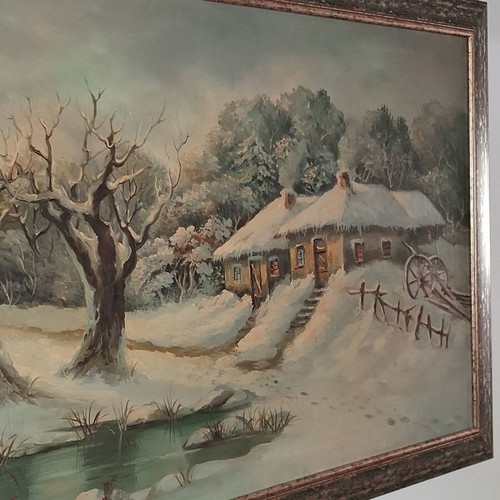 Signed A. Limnaios Winter Landscape Oil Painting on Canvas like new