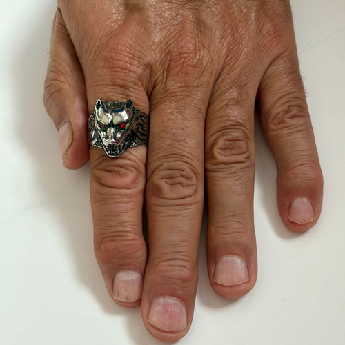 Wolf Head Ring with Red Zircon Eyes New, 316L Stainless Steel, US Size 14