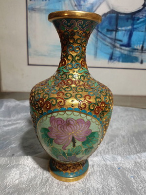 Antique Cloisonne vase with floral enamel and gilded relief