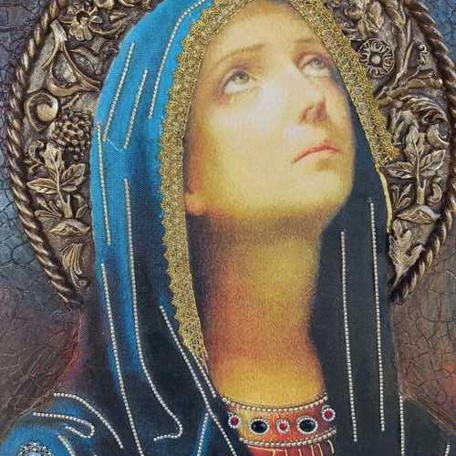 Icon of Virgin Mary on wood 60×40 with decoupage techniques