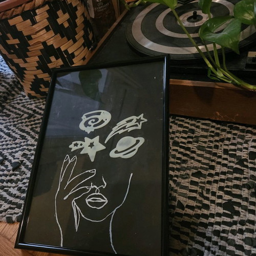 Handmade frame with female face and glowing planets new